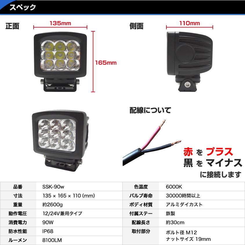 作業灯 LED 24v 12v 投光器 90w スポット サーチライト 屋外 照明 ナイター 夜間作業 トラクター コンバイン 船 漁船 海苔船 デッキライト｜ksgarage｜10