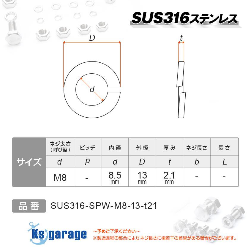 SUS316 ステンレス スプリングワッシャー M8 外径16mm （20個セット）船 ボート 船舶 艤装用 固定 ネジ ボルト用 マリングレード ステンレスナット｜ksgarage｜02