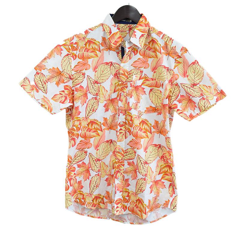 セール】MANFAIR 白地にオレンジ リーフ柄 ホワイト アロハ