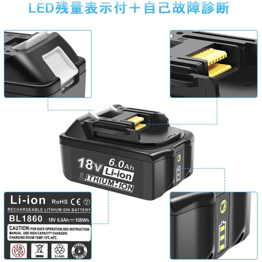 マキタ互換バッテリー 18V BL1860B(緑) LED残量表示付 2個セット マキタ互換バッテリー 18V BL1860B(緑) LED残量表示付 2個セット