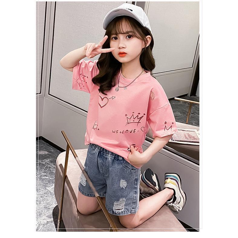 子供服 セットアップ 女の子 半袖 夏 2点セット Tシャツ デニムパンツ ショートパンツ 韓国子供服 キッズ 可愛い 小学生 通学着 新品 120 130 140 150 160｜ksmc-shop｜04