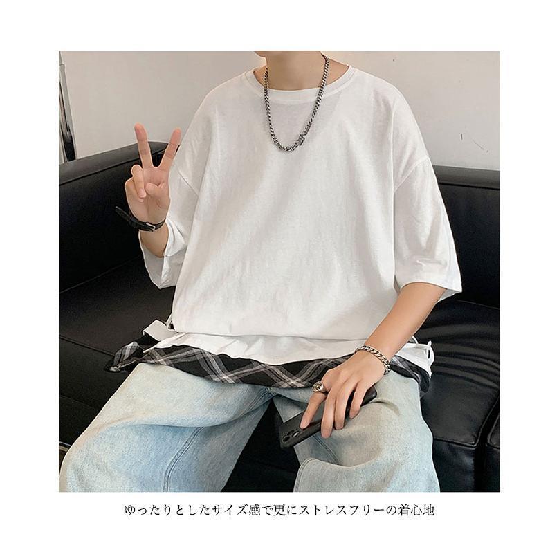 半袖Tシャツ フェイクレイヤード メンズ Tシャツ オーバーサイズ クルーネック 半袖 夏Tシャツ ドロップショルダー カットソー 白t 夏 黒t ゆったり｜ksmc-shop｜05