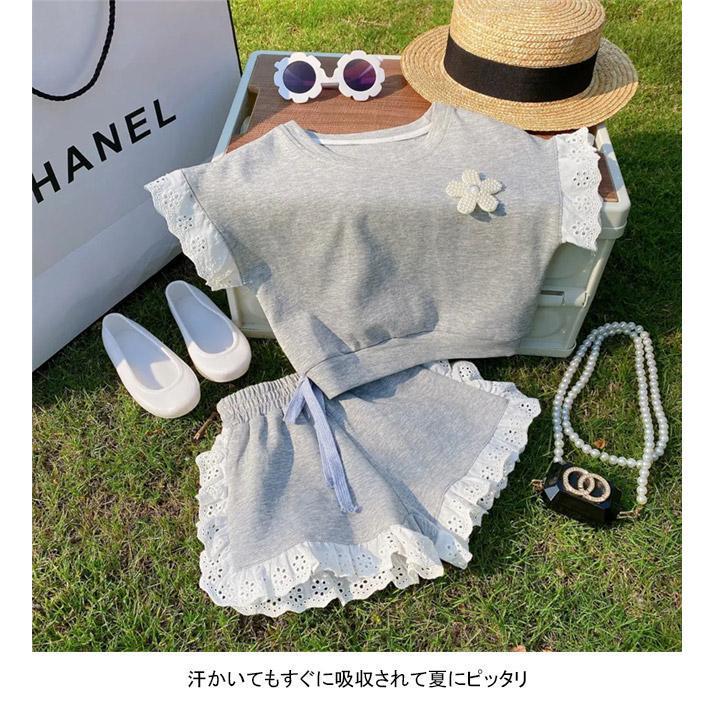 セットアップ 子供服 ラウンドネック 半袖 キッズ ｔシャツ 女の子 こども 夏 短パン レース?無地 カジュアル お出掛け 上下セット フリル｜ksmc-shop｜04