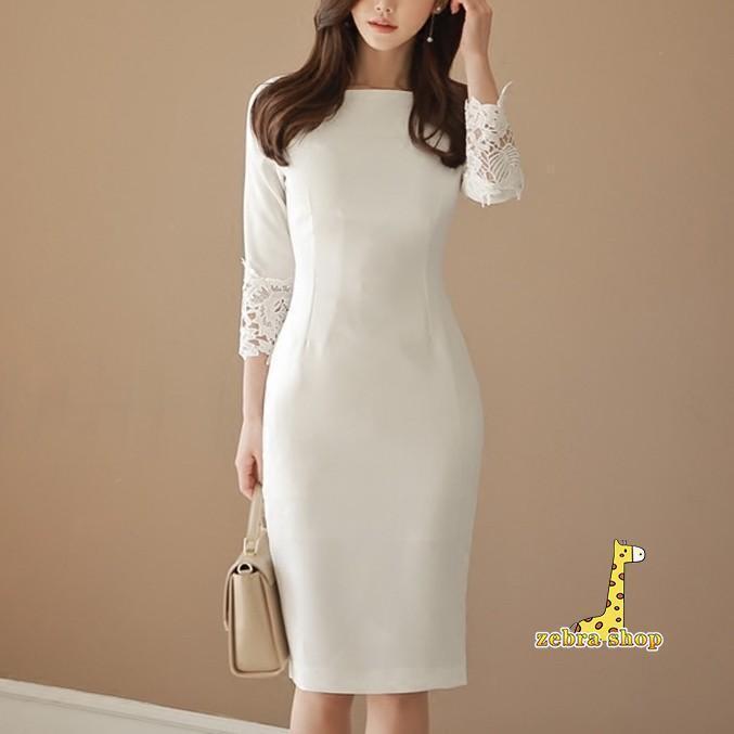 レディースファッション ワンピース レディース 美デコルテ 袖レース ミディ丈 七分袖 タイト 袖コンシャス スリット ワンピース 膝丈 上品