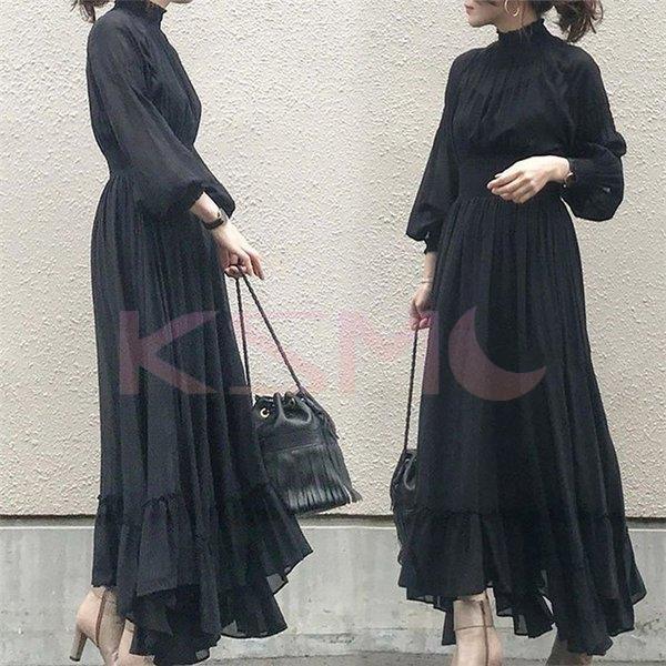 ロングワンピース シフォンワンピース レディース 40代 キレイめ マキシ丈ワンピース 秋 長袖 黒ワンピース