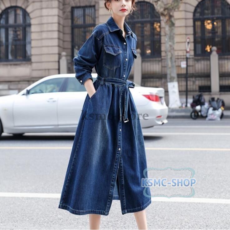 デニムワンピース ワンピース レディース ロングワンピース シャツワンピース トレンチコート 秋 春 前開き お出かけ ロングデニム 20代 30代 40代 :qdlyq-bjm-2110150040:KSMCヤフーショップ 通販 デニムワンピース