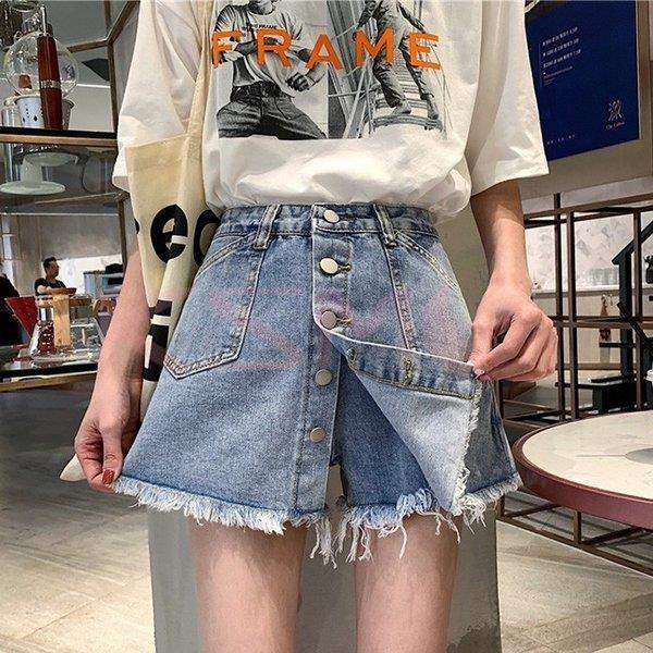 スカパン デニム ショートパンツ ハイウエスト シングルボタン