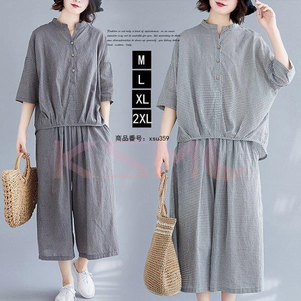 セットアップ レディース 夏 5分袖 ガウチョパンツ 40代 上下セット リネン チェック柄 綿麻 夏服 2点セット 体型カバー ゆったり 9分丈 きれいめ 50代 新入荷 流行