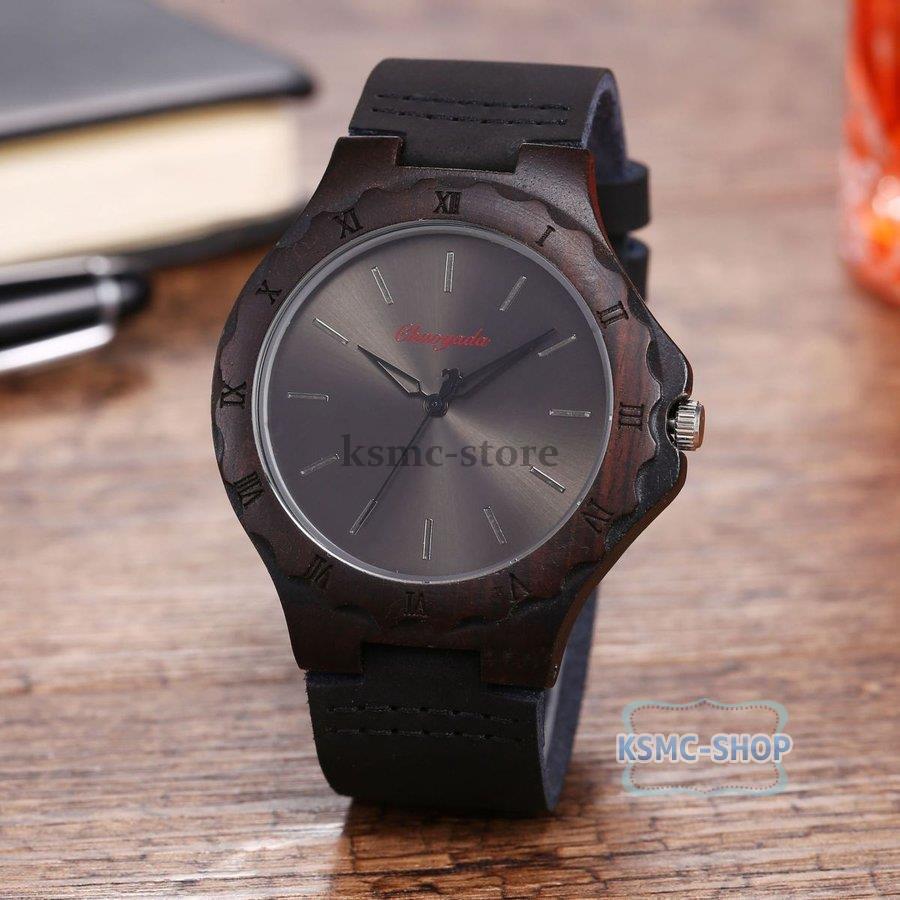 腕時計 木製 木 黒檀 レザー 本革 メンズ レディース クォーツ 天然木