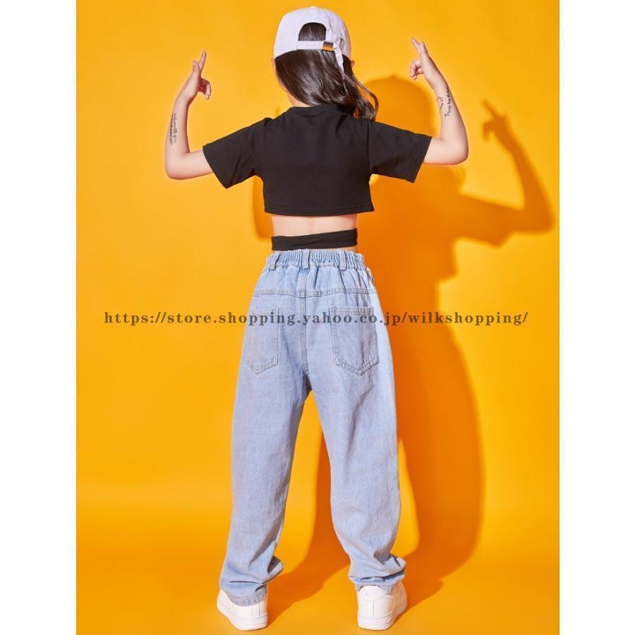 キッズ ダンス衣装 ヒップホップ HIPHOP 子供服 へそ出し ジーンズ デニムパンツ ダンストップス  Tシャツ 長ズボン 子供服 女の子 JAZZ ステージ衣装  練習着｜ksmc-shop｜04