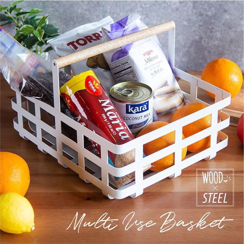 収納ボックス おしゃれ 収納バスケット かご 浅型 北欧 収納ケース 便利 スチール 持ち手 木製 ウッド キッチン リビング 白 ホワイト インポート直販ks問屋 通販 Yahoo ショッピング