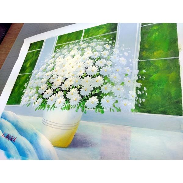 〔 花の油絵 〕 黒いフレーム 白い花 アレックス 油絵額 F6号サイズ 紘黒額 油彩 油彩画 絵画額_2