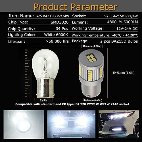 Eluseastar S25 BAZ15D P21/4W LED Bulbs White 6000K Built in Resistor