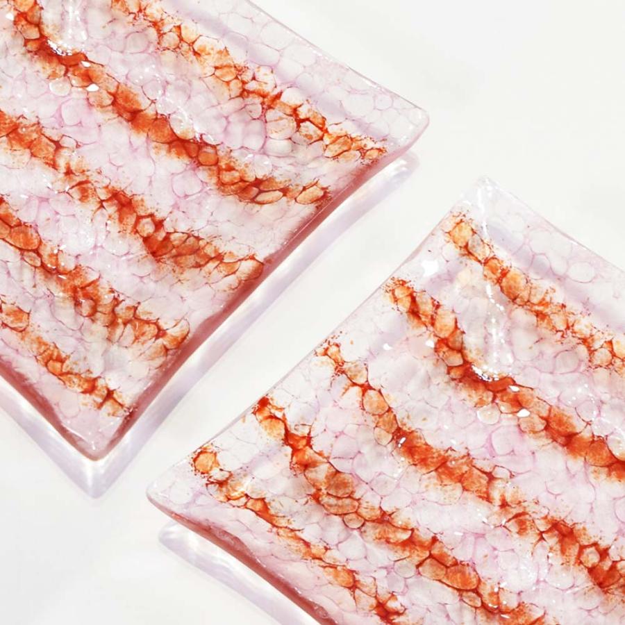 作家　ガラス作家　角皿　四角皿　プレート　ドット　ピンク×オレンジ お皿 おしゃれ ガラス 食卓 和食 盛り皿 琉球ガラス 取り皿 ギフト