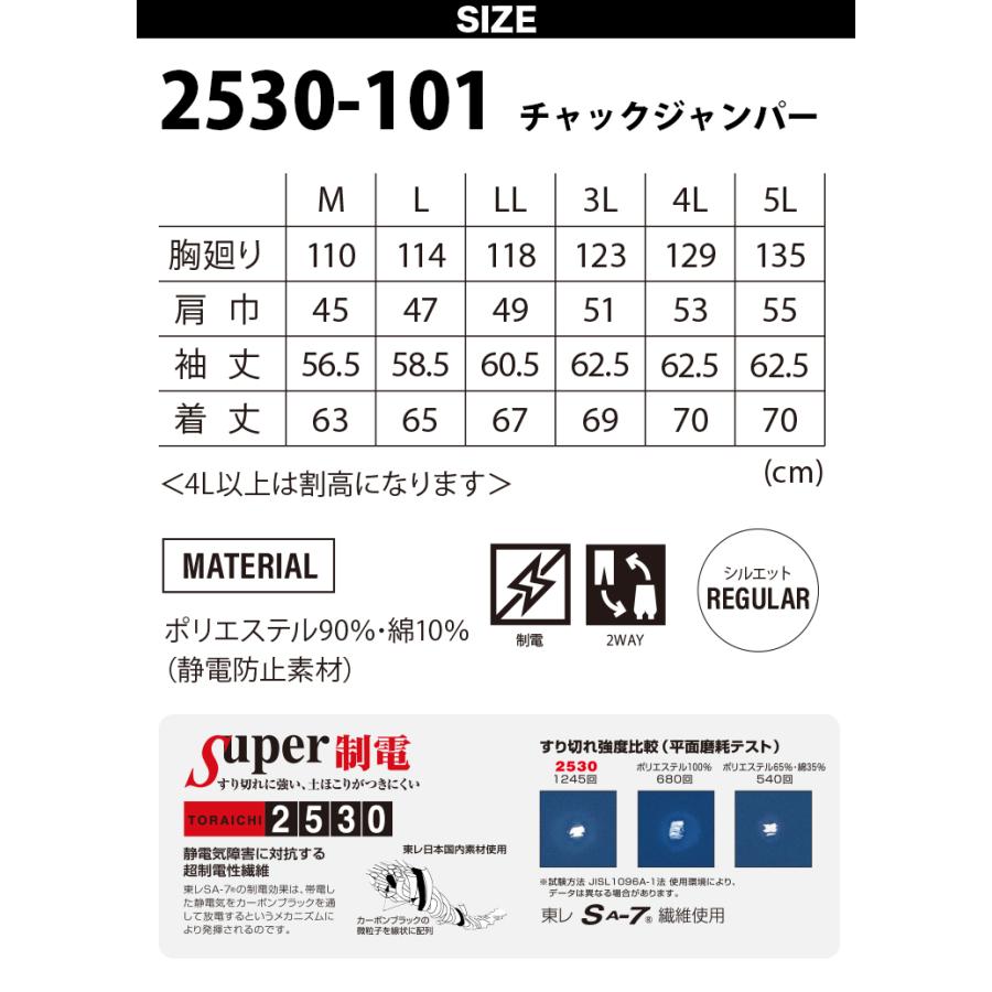 寅壱 チャックジャンパー 2530-101 制電 防塵 高耐久性 混紡 鳶 トビ