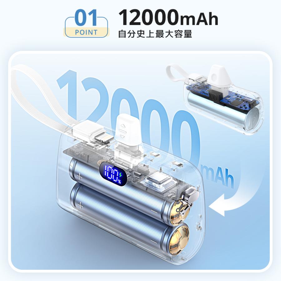 モバイルバッテリー 大容量 12000mAh 2.1A急速充電 小型 2台同時