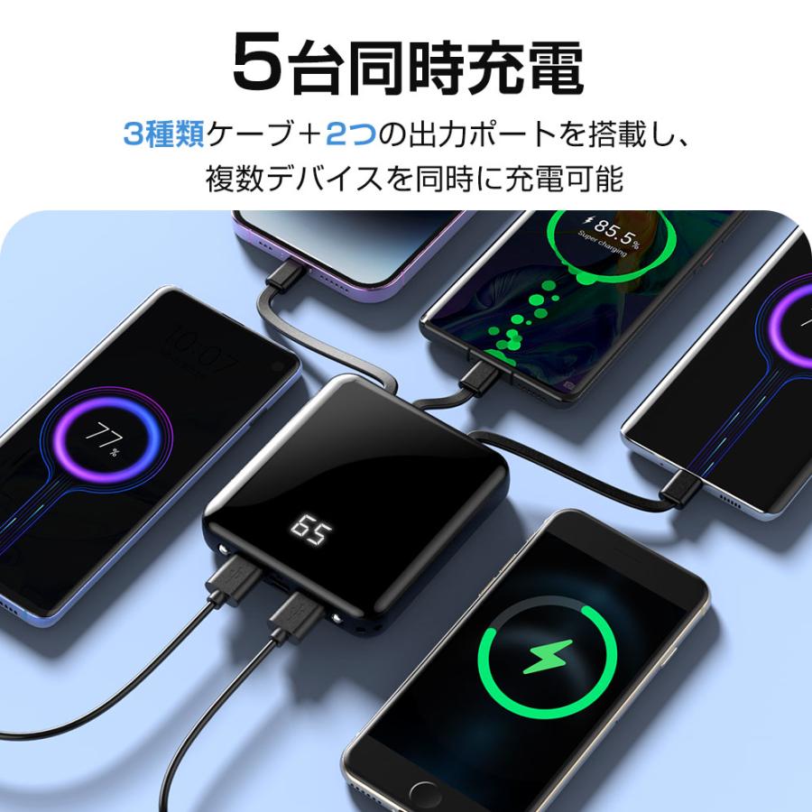 モバイルバッテリー 大容量 15000mAh 5台同時充電 ケーブル内蔵 スマホ充電器 携帯充電器 小型 持ち運び ライト付き 防災用品｜kukuya｜04