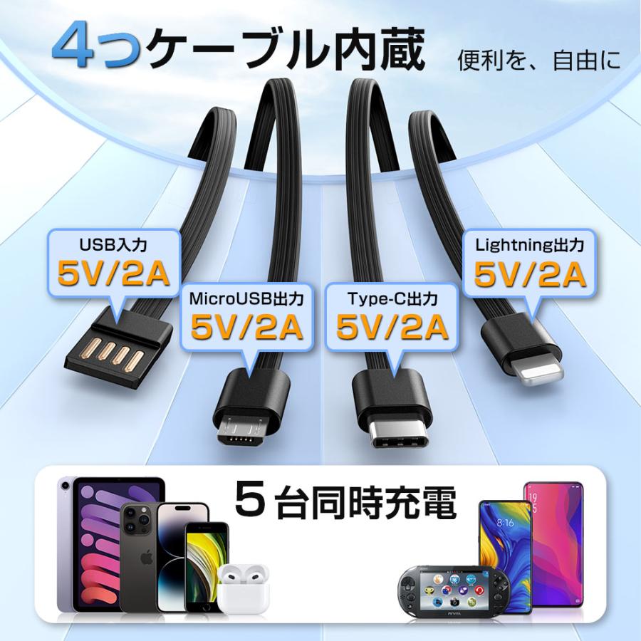 モバイルバッテリー 大容量 15000mAh 5台同時充電 ケーブル内蔵 スマホ充電器 携帯充電器 小型 持ち運び ライト付き 防災用品 残量表示 2024年 おすすめ｜kukuya｜07