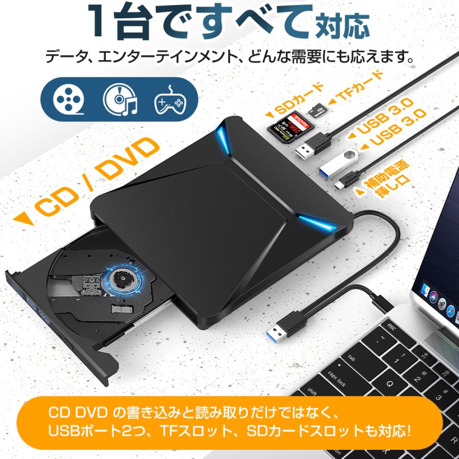 【新モデル】DVDドライブ 外付け 6In1多機能 USB3.0 ポータブルドライブ  CD/DVDプレイヤー typeC/USBポート 静音 高速 軽量 コンパクト CD/DVD読取・書込｜kukuya｜04