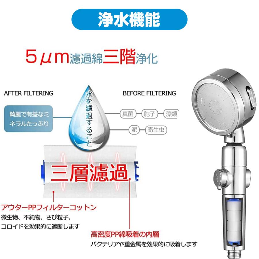 【セール中】シャワーヘッド 節水 塩素除去 角度調整 3段階吐水モード 高水圧 浄水 増圧 止水ボタン 水量調整機能付き 軽量 手元ストップ 水漏れ防止｜kukuya｜10