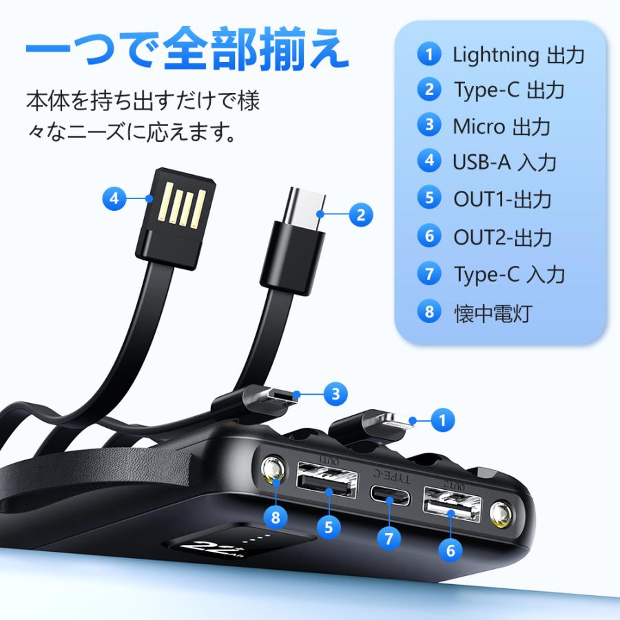 モバイルバッテリー スマホ充電器 ケーブル内蔵 大容量 22800mAh 急速