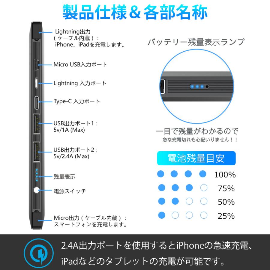 モバイルバッテリー スマホ充電器 ケーブル内蔵 大容量 24000mAh 小型 急速充電器 残量表示 4台同時充電 携帯充電器 iPhone/Android 各種対応 感謝セール｜kukuya｜10