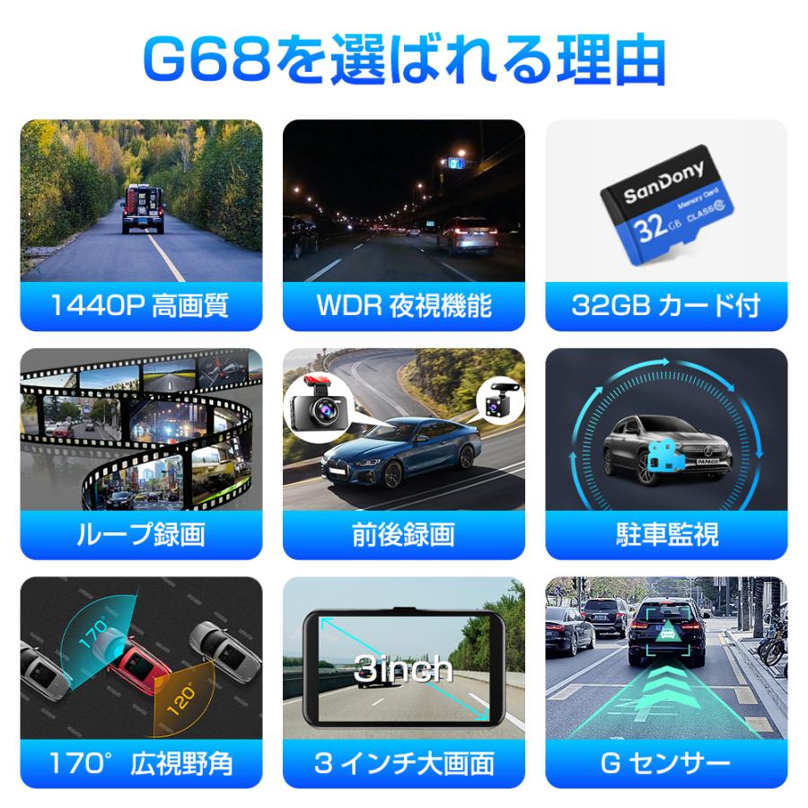 ドライブレコーダー 前後 2カメラ 1440PフルHD 液晶パネル 170°広視野
