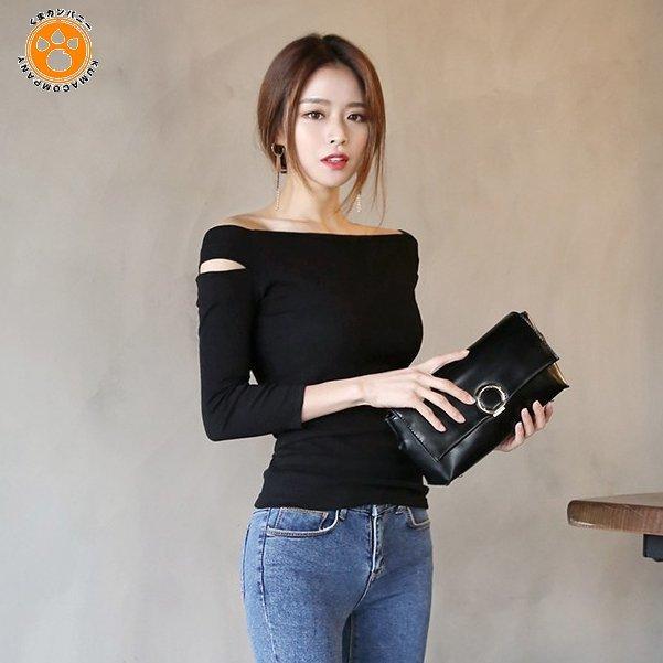 オフショルダー Tシャツ 長袖 レディース 無地 タイトトップス 肩出し インナー 着痩せ 女性用