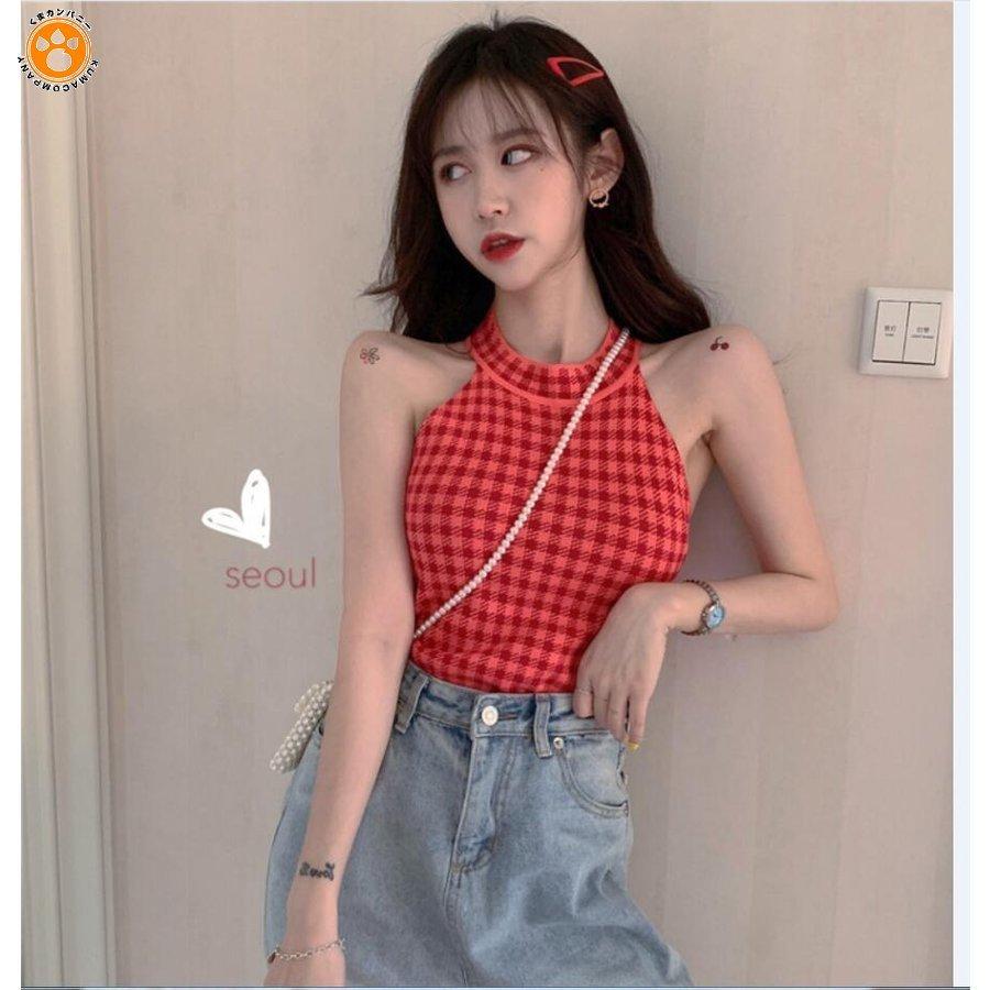 幸せなふたりに贈る結婚祝い チェック柄 ホルターネック ニットトップス レディース ノースリーブ サマーニット タイト タンクトップ インナー トップス 重ね着 大人 可愛い 夏新作 Syga Es