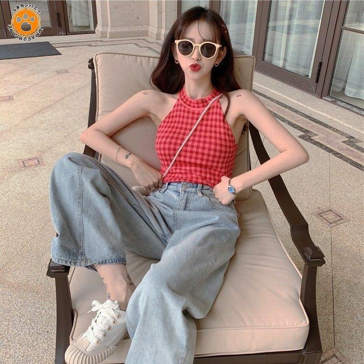 幸せなふたりに贈る結婚祝い チェック柄 ホルターネック ニットトップス レディース ノースリーブ サマーニット タイト タンクトップ インナー トップス 重ね着 大人 可愛い 夏新作 Syga Es