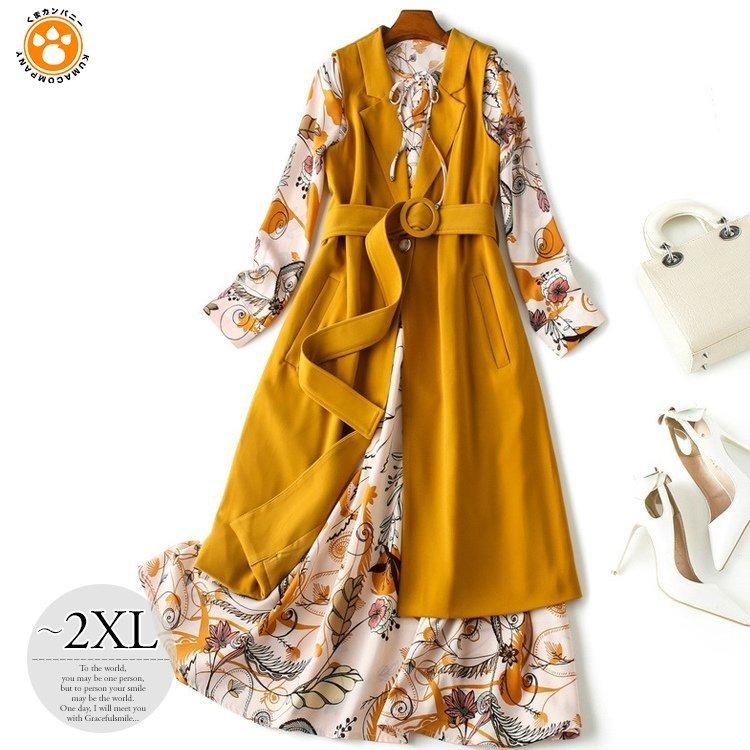 国内最安値 ワンピース ロングワンピ ２way 花柄 ベスト ジレ 長袖 総柄 リボン 丸襟 大人フェミニン きれいめ イエロー ピンクオシャレ ファッション 可愛い Cie73 驚きの値段 Regionmarket Store
