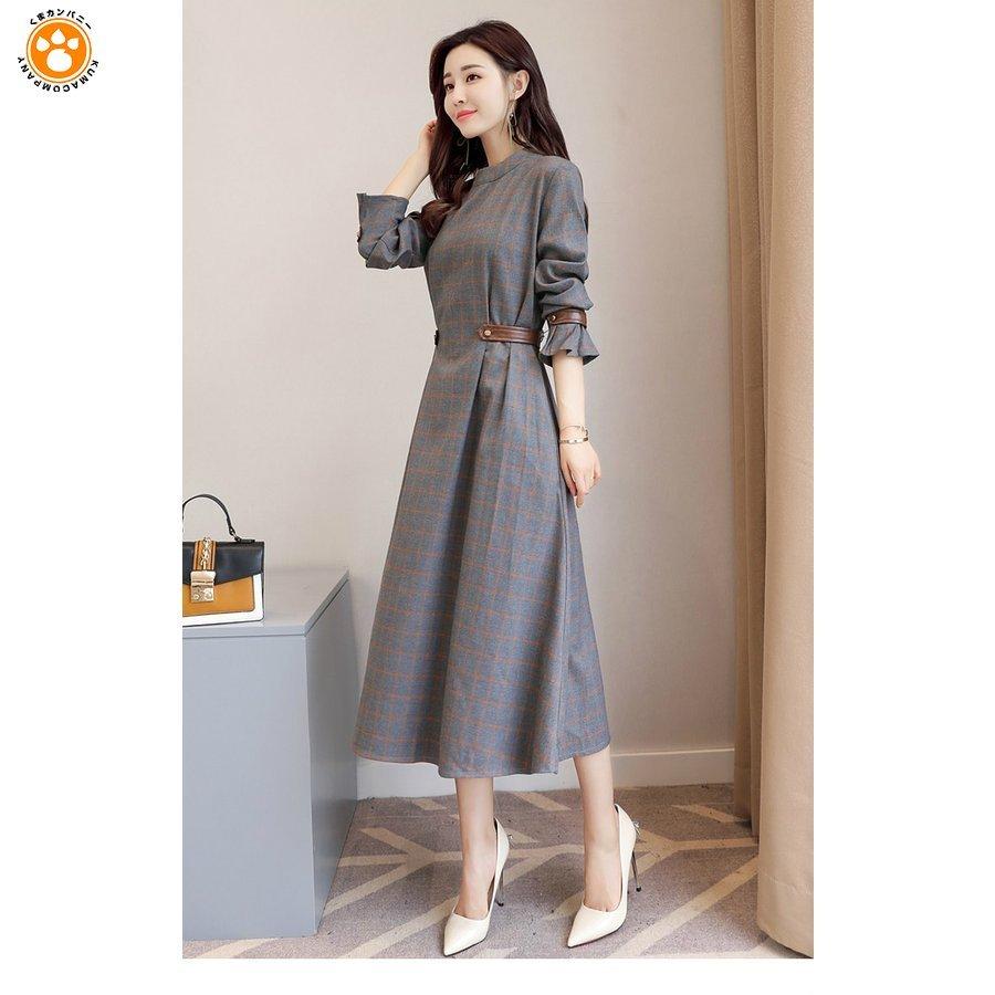 有名なブランド チェック柄 フレアワンピース ロングワンピ ワンピース モノトーン Ehh54 オシャレ ブラウンママ グレー クラシカル 秋冬 ワンピ 長袖 ベルト シンプル ワンピース チュニック Abcautotransport Com