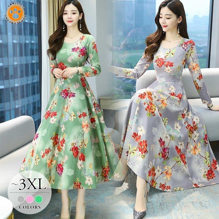 高級品市場 プリント やせ見え 和モダン 総柄 花柄 丸首 長袖 長め フレアワンピ ワンピース キラキラ Ehh87 清楚 お洒落 グレーイベント ピンク グリーン なめらか ワンピース チュニック