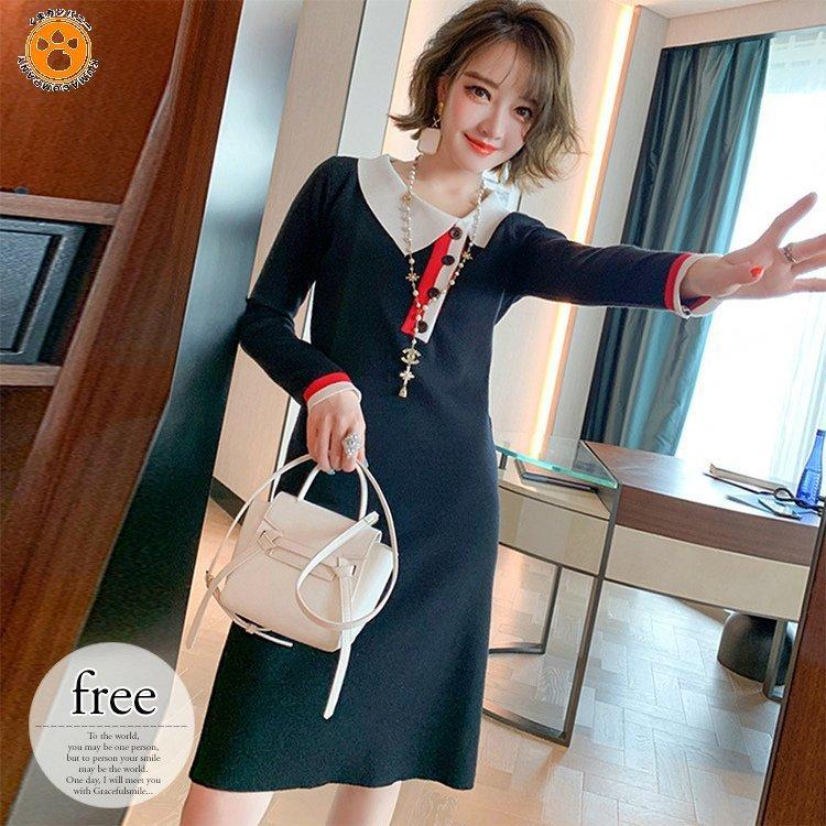 超特価sale開催 長袖 ワンピース 膝丈 Tee26 お出かけ イベント レッドモダン ホワイト ブラック きれいめ デート 食事会 エレガント 上品 ライン 飾りボタン 襟付き ワンピース チュニック Adtecplasma Com