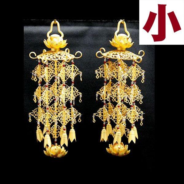 銅地 雲透し三枠瓔珞 ようらく 天然石水晶仕立 消メッキ 1対 天然石入 小 3号 高さ18cm