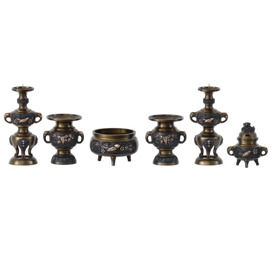 なーむくまちゃん工房 仏具 セット 六具足 花鳥模様 黒光色 3.0寸