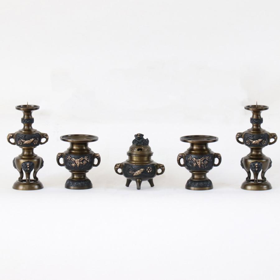 仏具 セット 五具足 ダイキャスト 花鳥模様 黒光色 3.5寸