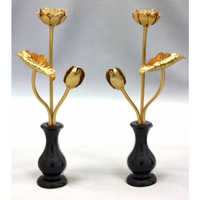 真鍮 金色常花 花立て付き 1対 6.0寸 高さ25.5cm