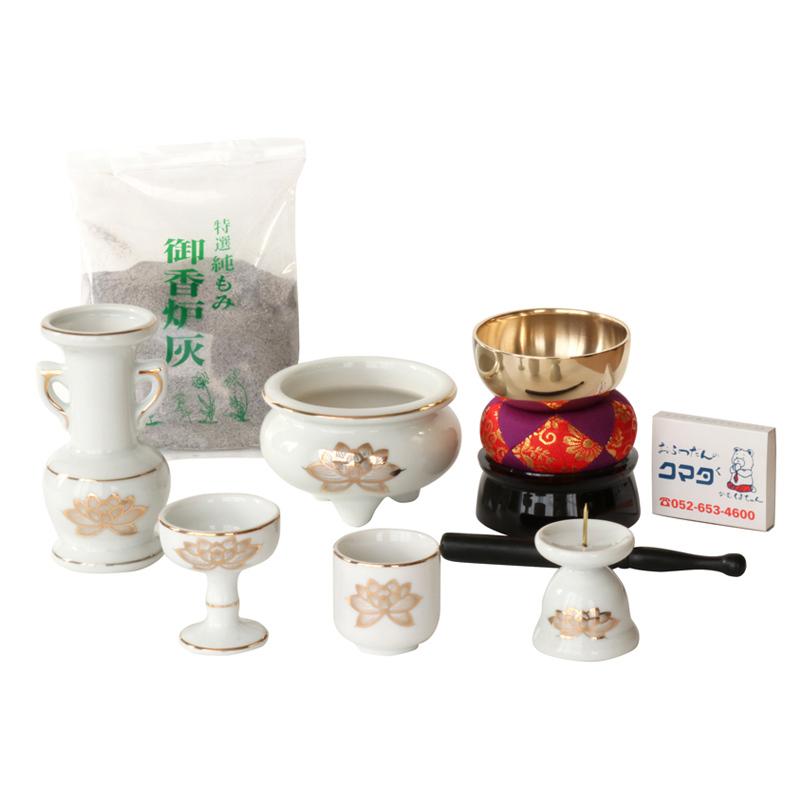 仏具セット 白 金蓮 陶器5点+おりんセット 香炉灰・マッチ付き モダン仏壇用 リン布団 仏壇 おりん ミニ 送料無料 | なーむくまちゃん工房 | 02