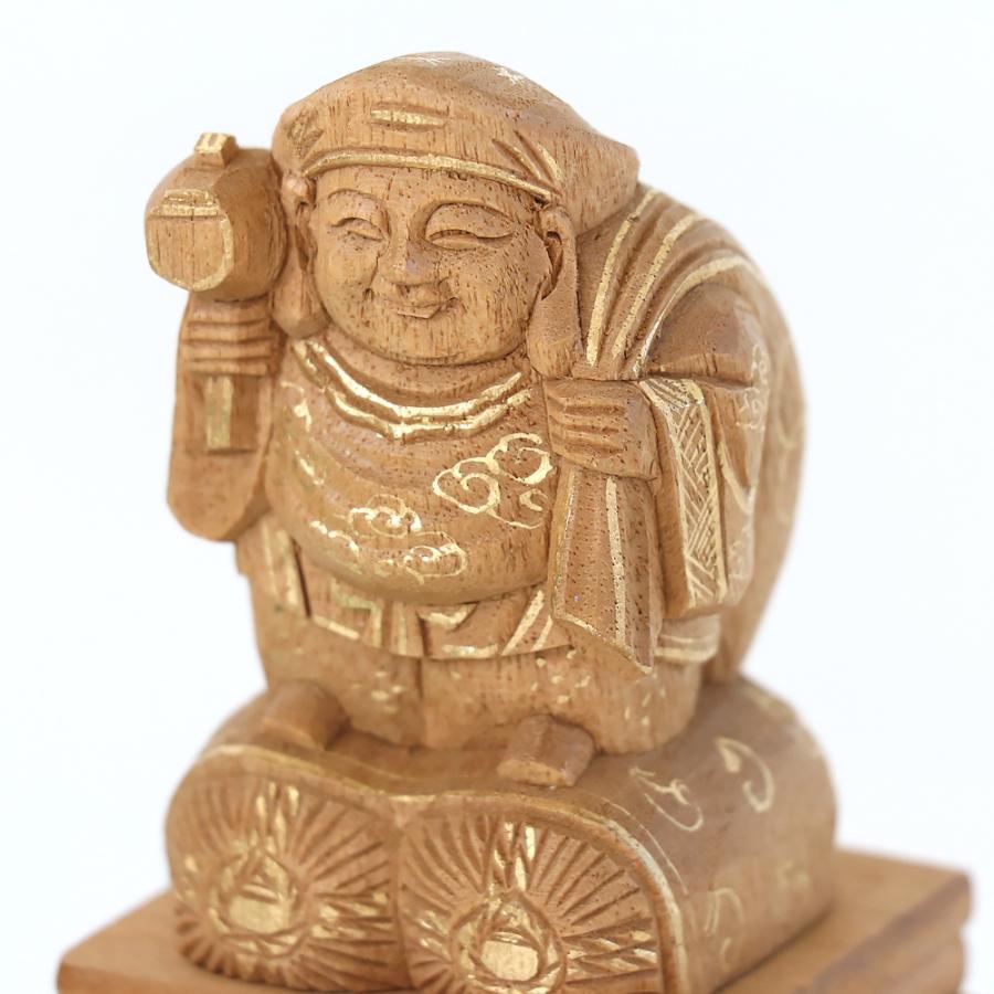 仏像  楠木地彫  大黒天 金泥書 高台付 3.5寸（高さ：173mm） 木彫 仏像販売  七福神 日蓮宗  仏壇 仏具の画像