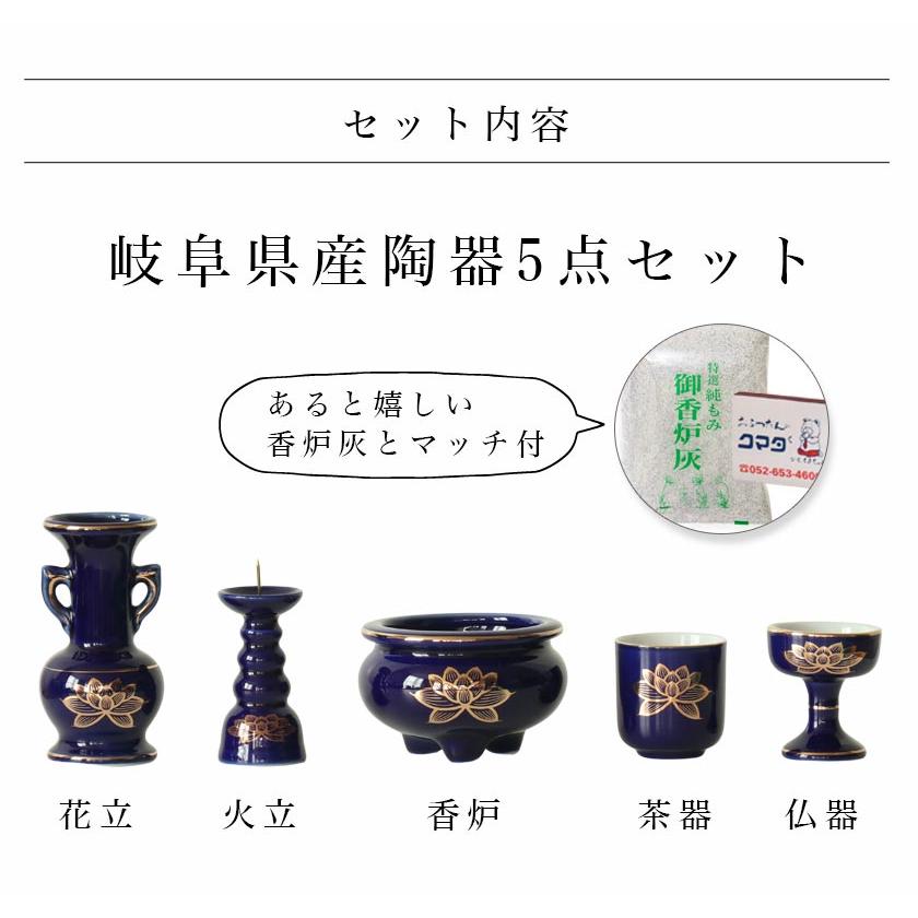 なーむくまちゃん工房 仏具 セット 瑠璃色 金蓮 陶器5点+おりんセット