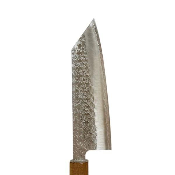 越前数馬作 吹雪 剣型文化包丁170mm 粉末ハイスSG2鋼 鎚目打 珈琲桂 鉄刀木八角柄 ＃373  621067の画像