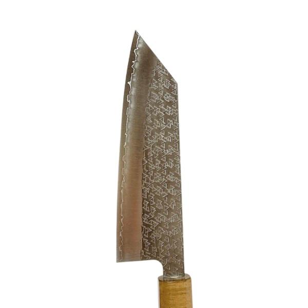 越前数馬作 吹雪 剣型文化包丁170mm 粉末ハイスSG2鋼 鎚目打 珈琲桂 鉄刀木八角柄 ＃373  621067の画像
