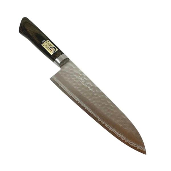 源明利作 刻流 牛刀180mm VG10積層鎚目打 口金付 ブラウンアッシュ柄
