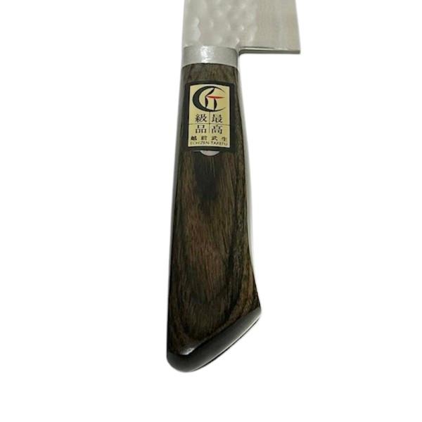 源明利作 刻流 牛刀180mm VG10積層鎚目打 口金付 ブラウンアッシュ柄