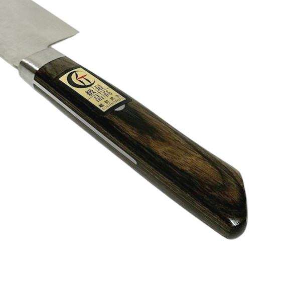 源明利作 刻流 牛刀180mm VG10積層鎚目打 口金付 ブラウンアッシュ柄