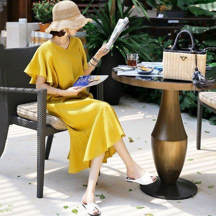 送料込 ワンピース レディース 夏 半袖 ロング丈ワンピース フレア袖 韓国風 Vネック ゆったり オシャレ 無地 大人 カジュアル きれいめ 上品 ワンピース サイズ L Www We Job Com