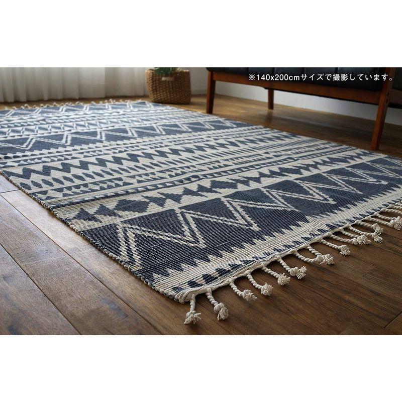 サヤンサヤン 幾何学模様 ラグマット 洗える 西海岸 200x200 cm 2畳 ネイビー 手織りカーペット、ラグ、マット