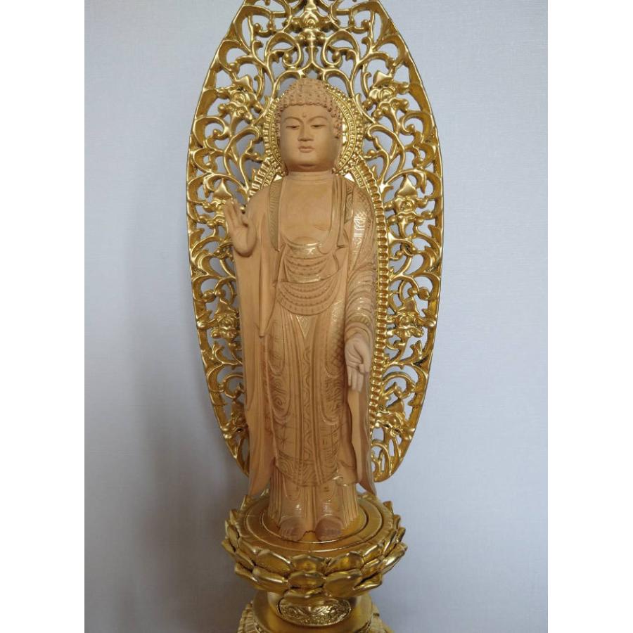 仏像 浄土宗 舟弥陀 柘植 金箔六角台座 唐草光背 3.0寸 |  | 01