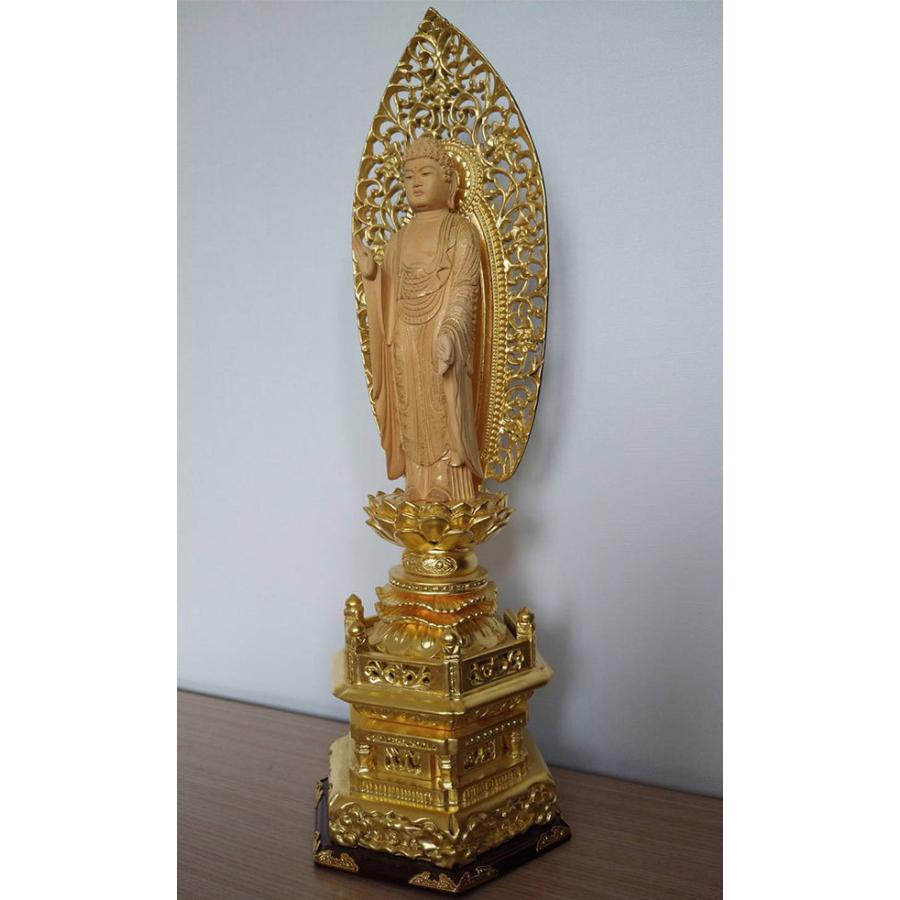 仏像 浄土宗 舟弥陀 柘植 金箔六角台座 唐草光背 3.0寸 |  | 02